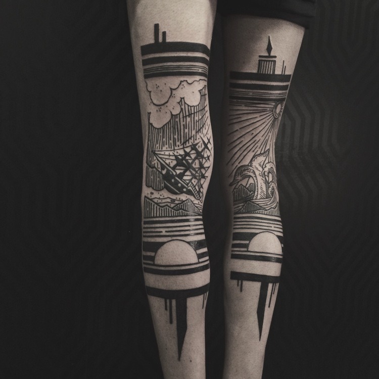 Sequence of ship and whale tattoos on female's calf