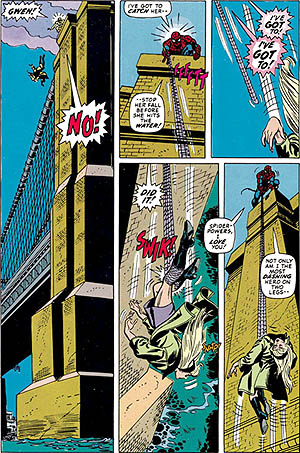 Spider-Man #121 "The Night When Gwen Stacy Died". A picture of Gwen Stacy being thrown of the Washington Bridge by Green Goblin. Then being caught by Spiderman's webs. 