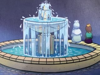 Pictured here is Maya and an elderly woman sitting by a fountain