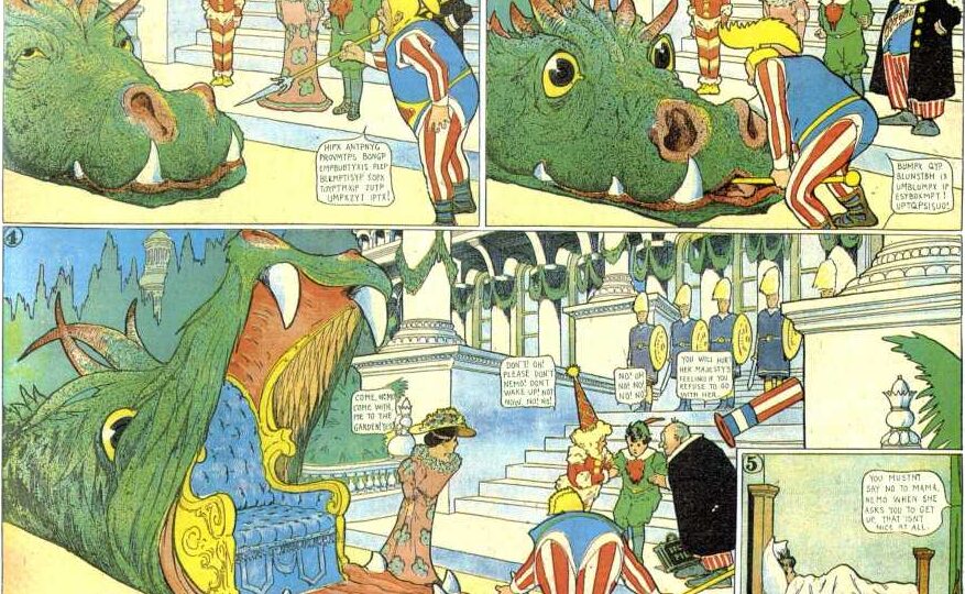 A Little Nemo Comic in which a Dragon's mouth contains a throne; the dragon is like a car.