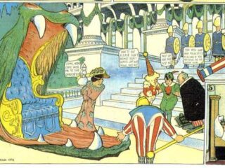 A Little Nemo Comic in which a Dragon's mouth contains a throne; the dragon is like a car.