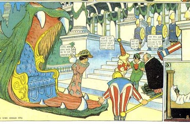 A Little Nemo Comic in which a Dragon's mouth contains a throne; the dragon is like a car.
