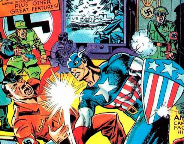 Captain America punching Adolf Hitler on the cover of Captain America issue #1 from 1941.